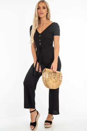 Black Rib V Neck Button Front Jumpsuit - Cassandra