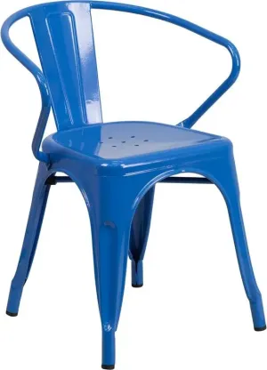 Brimmes Blue Metal Chair w/Vertical Slat Back & Arms for Patio/Bar/Restaurant